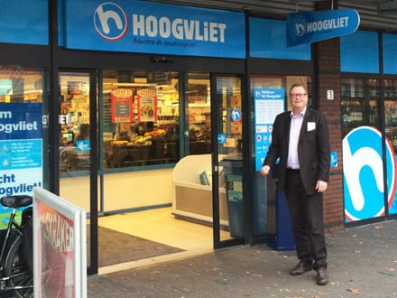 John outside a wine store in the Netherlands